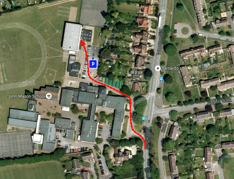 Map showing parking and position of Sports Hall